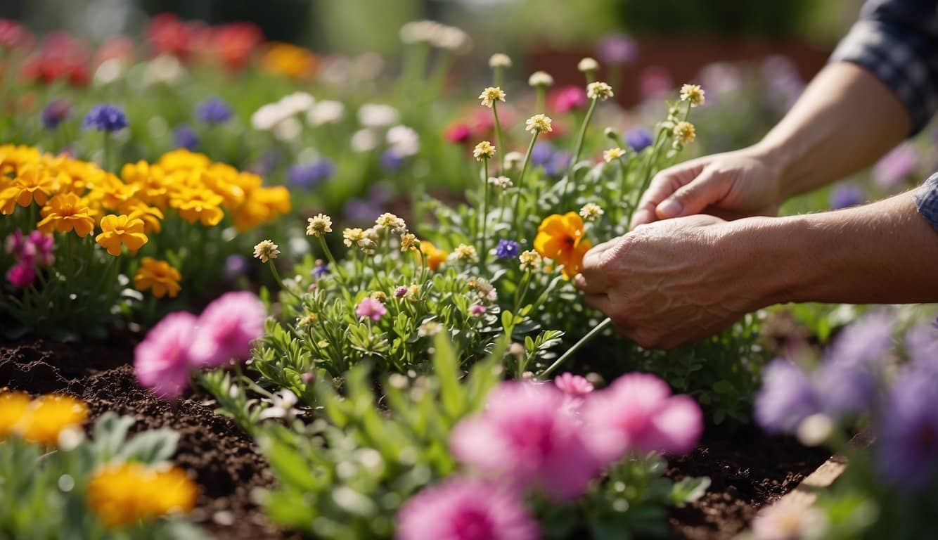 A gardener carefully selects and plants vibrant spring annuals for maximum impact in a sunny garden bed
