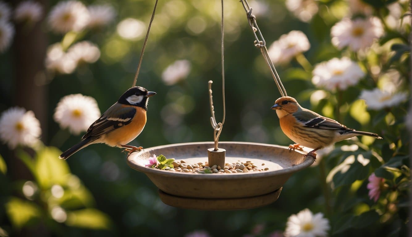 Bird feeder and birdbath surrounded by blooming flowers and lush greenery. Sunlight filters through the trees, creating a peaceful and inviting atmosphere for the birds