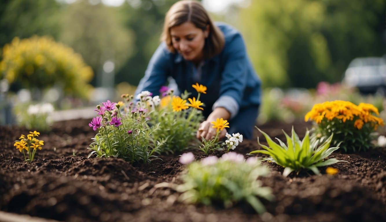 A person planting native flowers in a spring garden bed, with a variety of colorful plants and a mix of soil and mulch