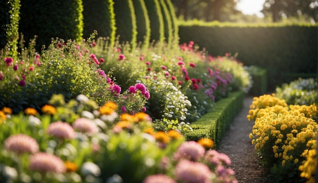 A sunny, open garden with rows of vibrant flowers and lush green foliage, surrounded by tall hedges or fences for privacy and protection