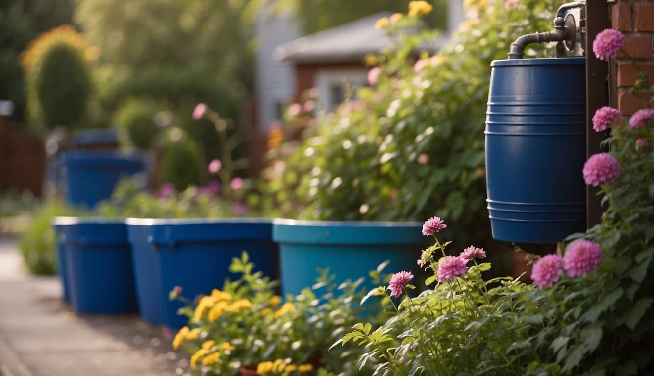 A rain barrel sits beneath a downspout, collecting water. A hose is attached, watering a garden in full bloom