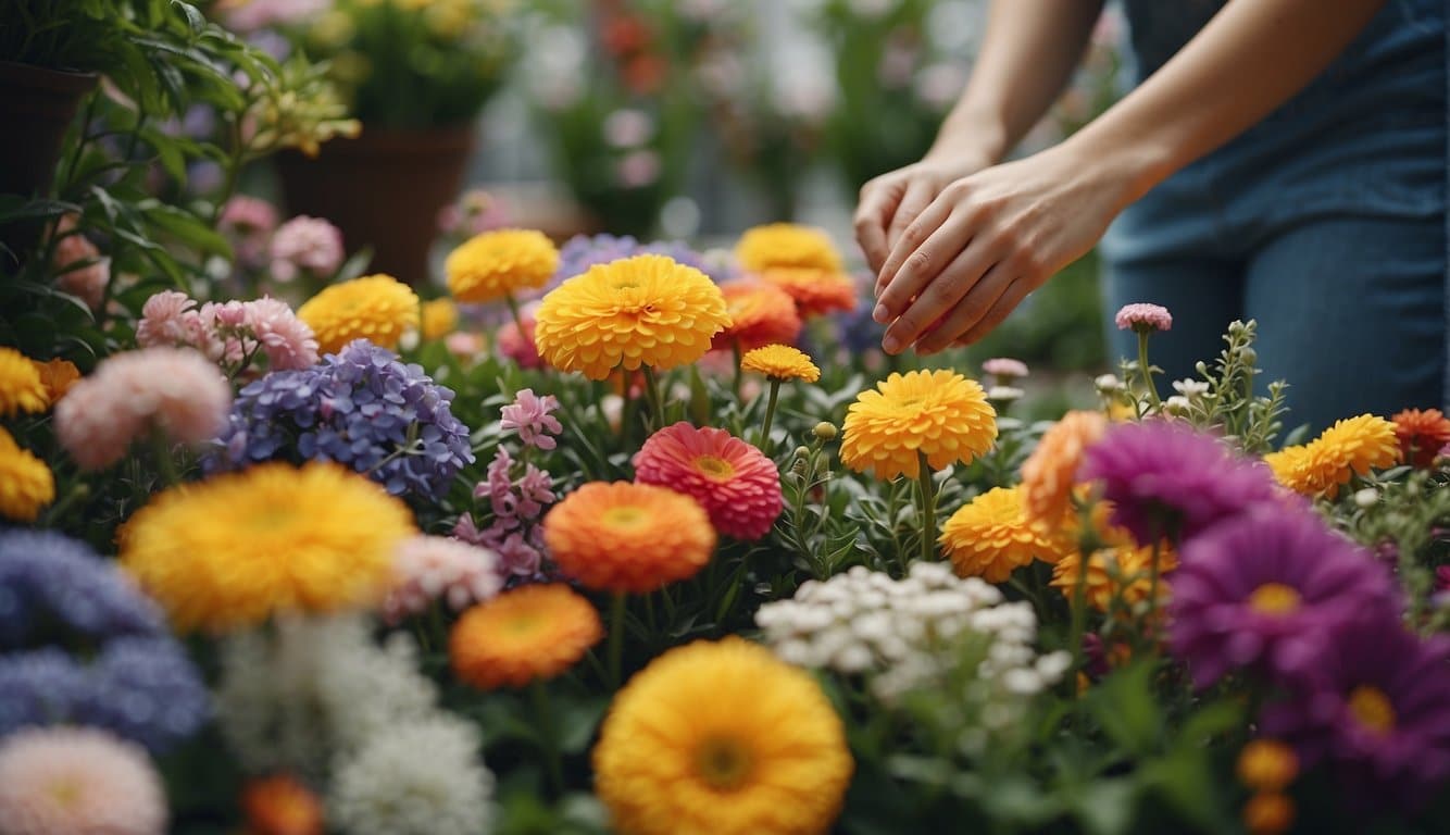 A person arranging a colorful assortment of flowers and foliage, creating a vibrant spring garden palette