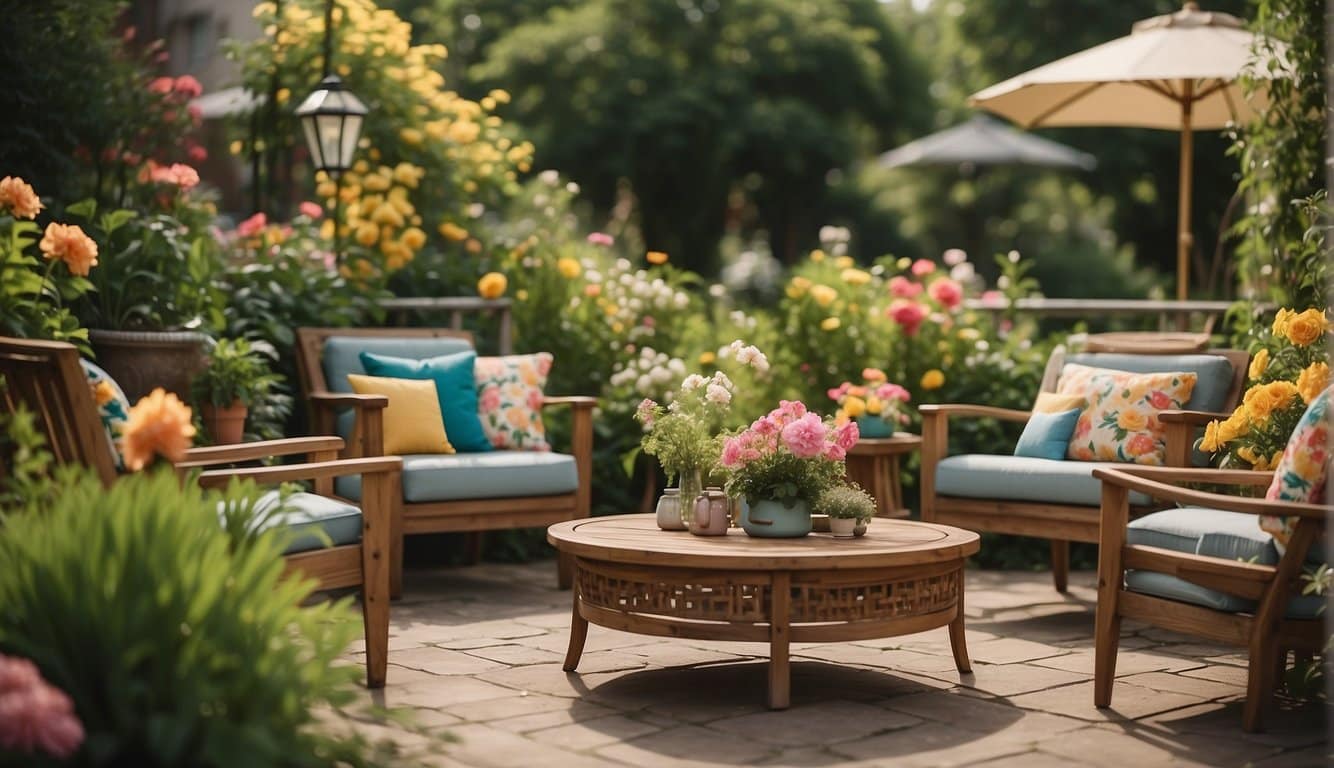 A vibrant garden bursting with colorful blooms and lush greenery, accented with bright, cheerful patio furniture and accessories
