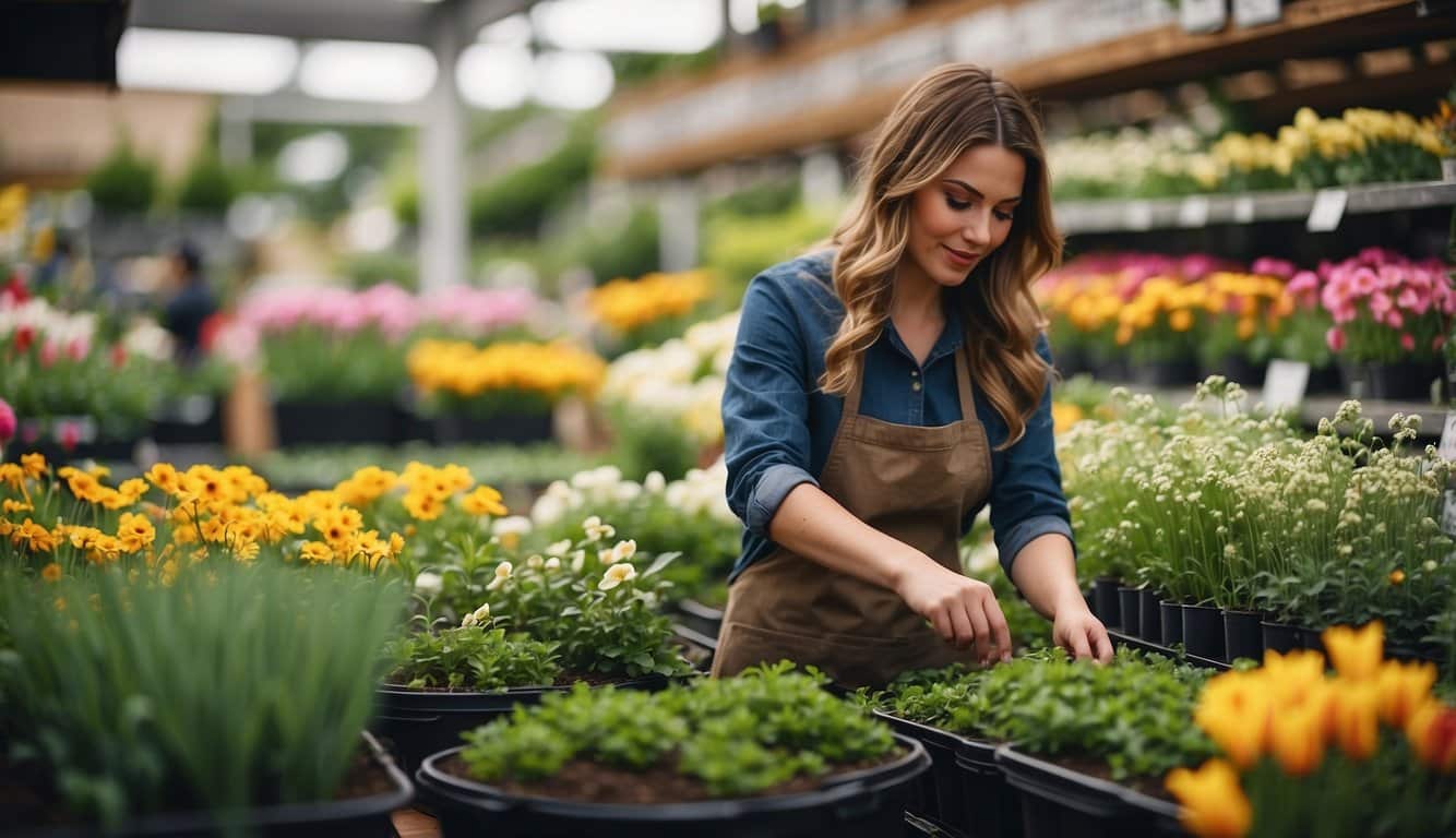 A person selecting spring-blooming plants from a garden center, surrounded by colorful flowers and green foliage
