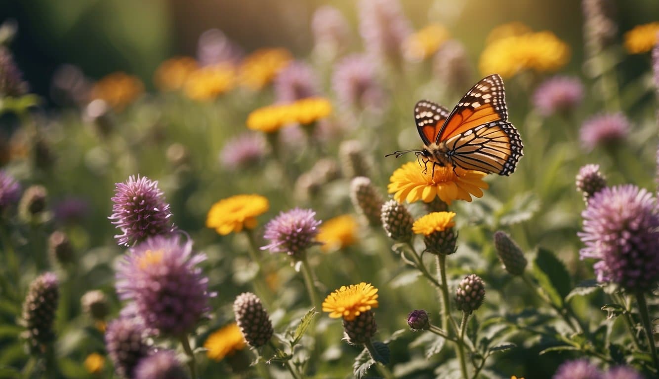 A colorful garden with blooming flowers, buzzing bees, and fluttering butterflies. Various pollinator-friendly plants arranged in a well-designed layout