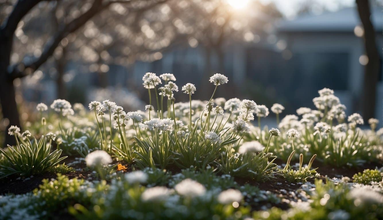 A garden with delicate spring blooms covered in a thin layer of frost, with warning signs or protective measures in place