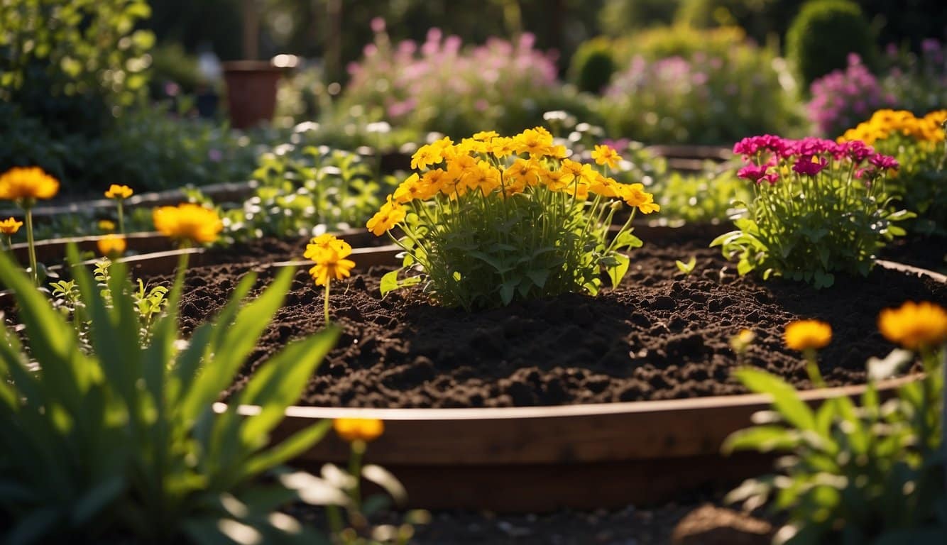 A garden bed filled with rich, dark soil sits elevated off the ground, surrounded by vibrant green plants and flowers in full bloom. The sun shines down, casting a warm glow on the thriving garden