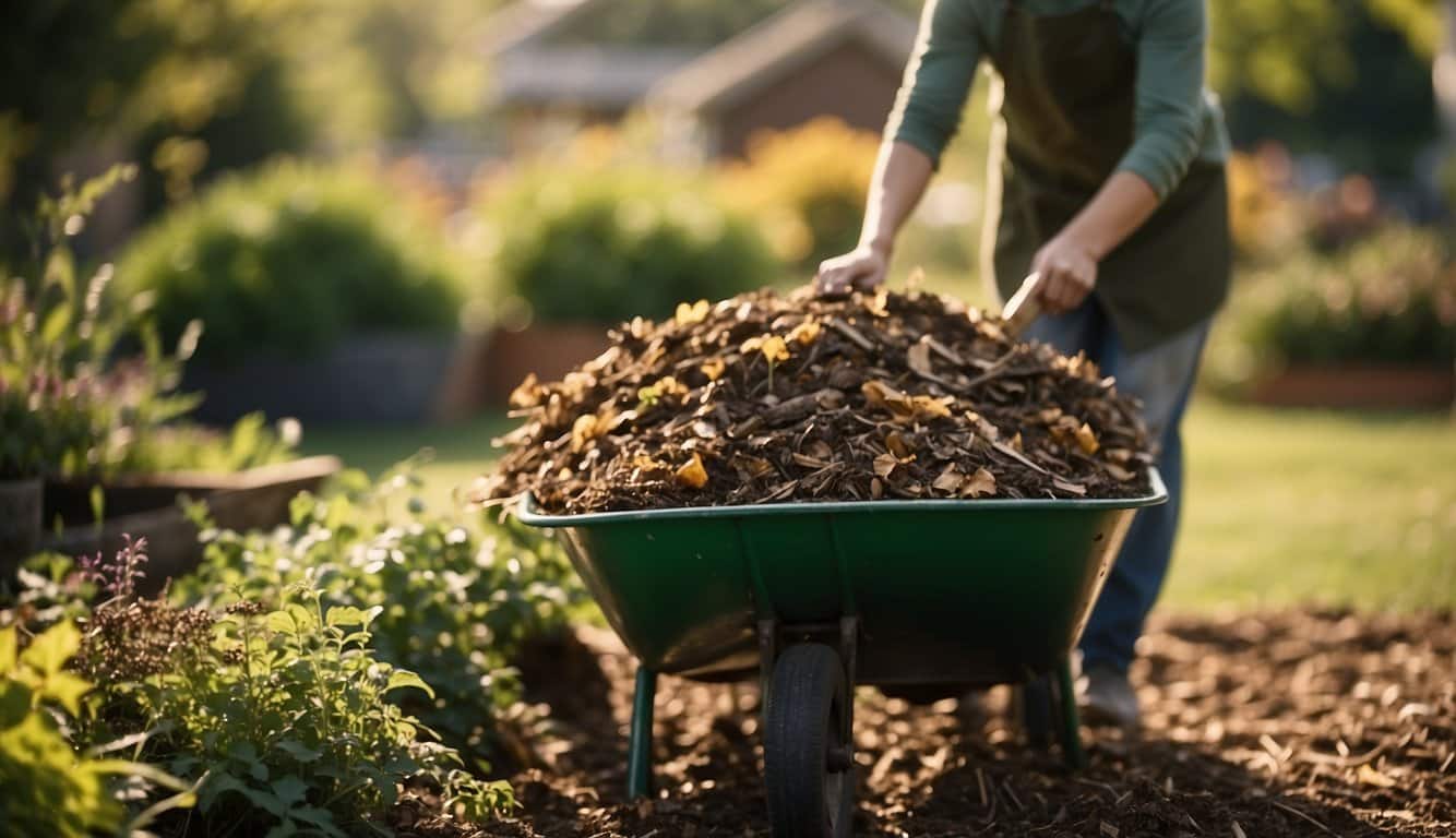 A person gathers organic materials in a wheelbarrow. They layer green and brown waste to create a compost pile in a sunny garden