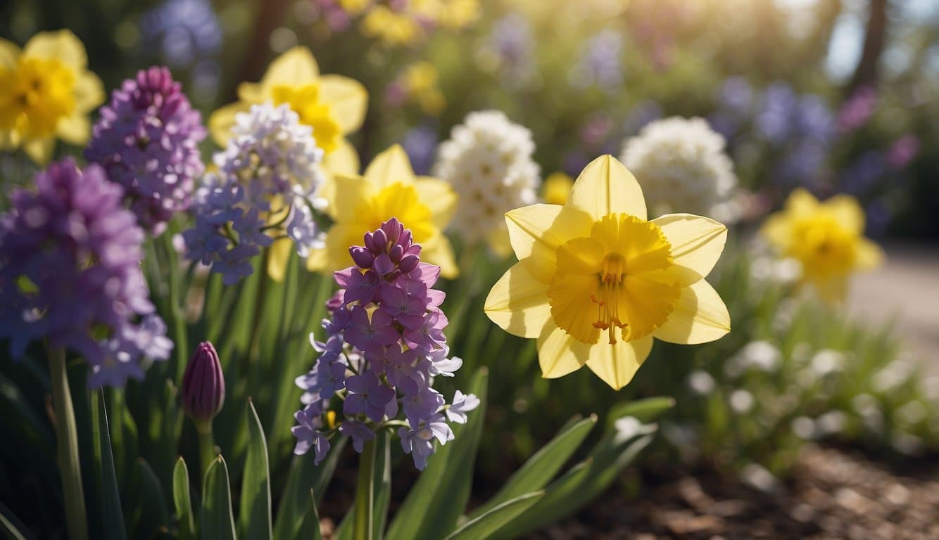 Bright, colorful spring flowers in full bloom. Pollen-free varieties like daffodils, tulips, and hydrangeas. A sunny, allergy-friendly garden
