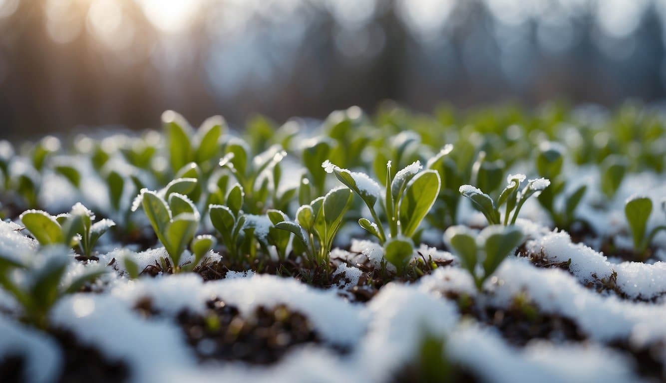 Spring plants covered with protective fabric against late freezes. A person selecting resistant plants nearby