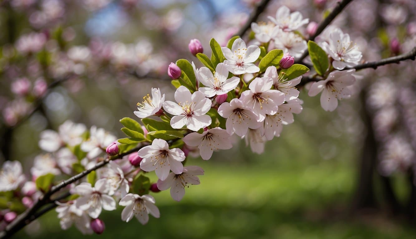 A variety of spring flowering trees in full bloom, showcasing vibrant colors and delicate blossoms. The trees are well-maintained and surrounded by lush green foliage