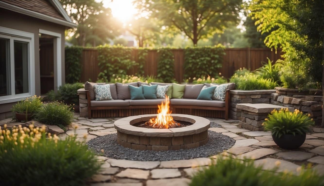 A cozy outdoor living space with trendy spring landscaping features, such as a fire pit, pergola, and lush greenery, adding value to the home