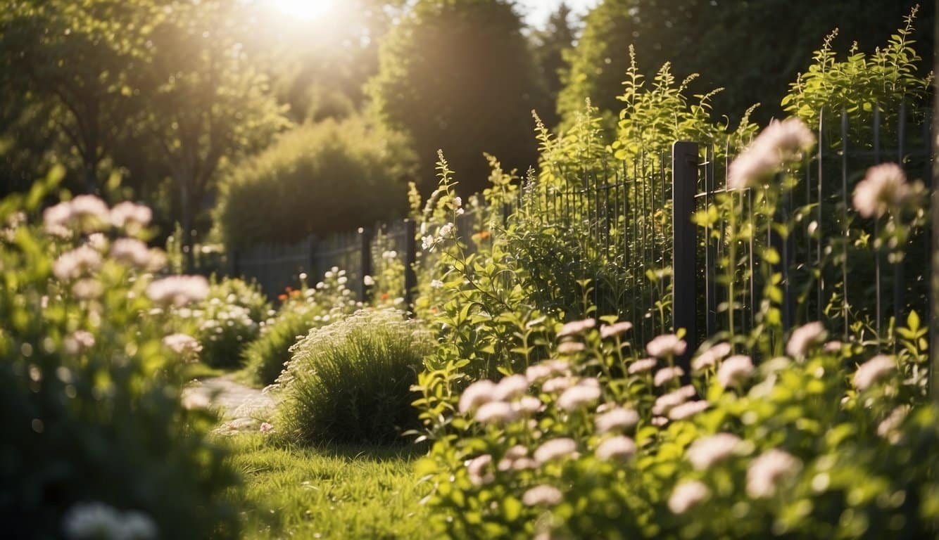 A lush green garden with blooming flowers and trees. A new fence being installed under the warm spring sun, adding charm to the property