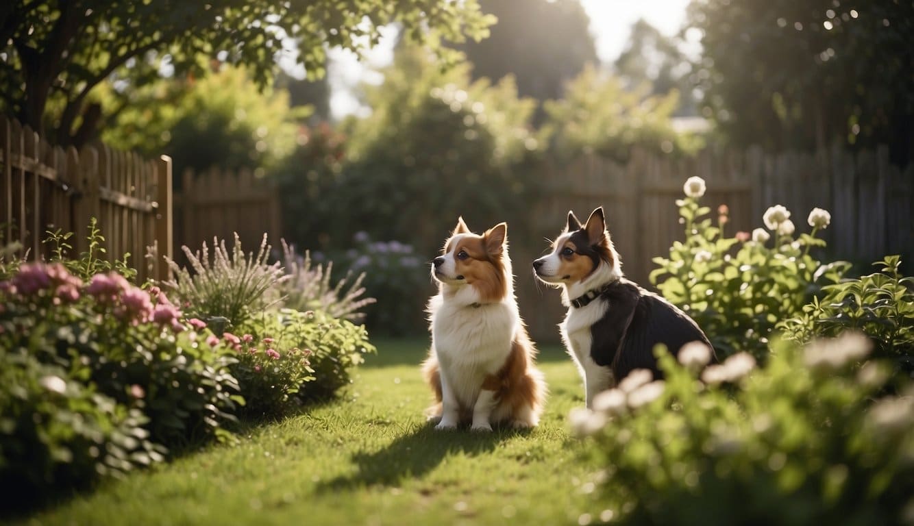 Pets explore a garden with potential hazards like toxic plants, sharp objects, and small spaces. A pet owner introduces their furry friend to the garden, ensuring safety measures are in place