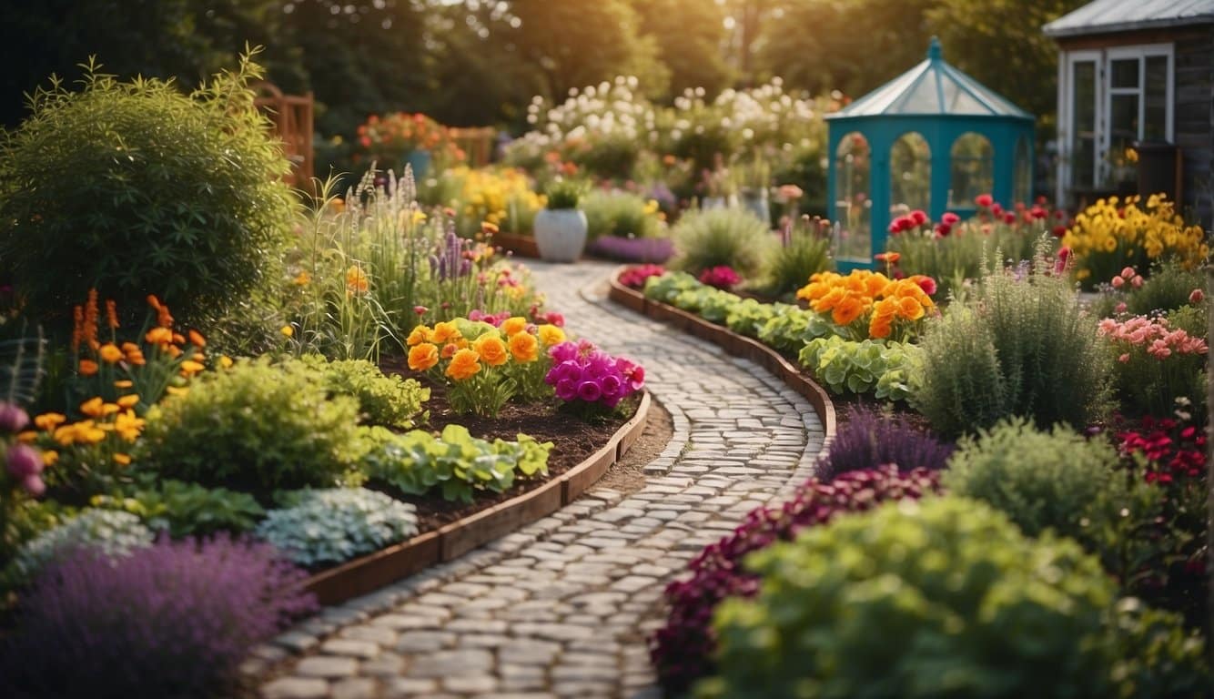 A colorful garden with winding paths, raised beds, and a play area. Bright flowers and vegetables are interspersed, with space for a small greenhouse