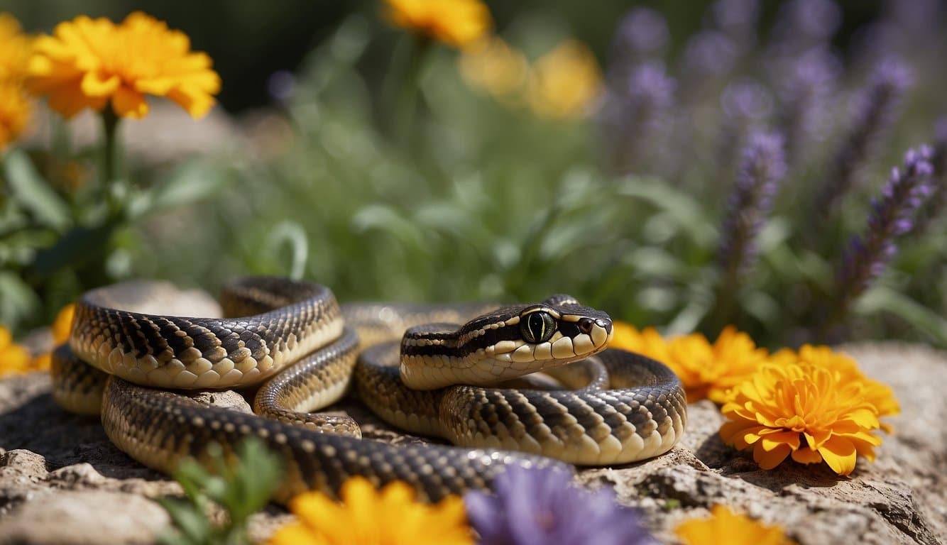 Garter snakes slither away from a garden filled with marigolds, lavender, and garlic plants