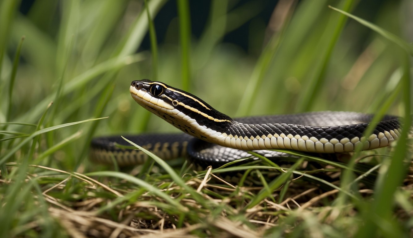 A garter snake slithers through tall grass, its body elongated and slender. It moves gracefully, its skin patterned with stripes of green, black, and yellow