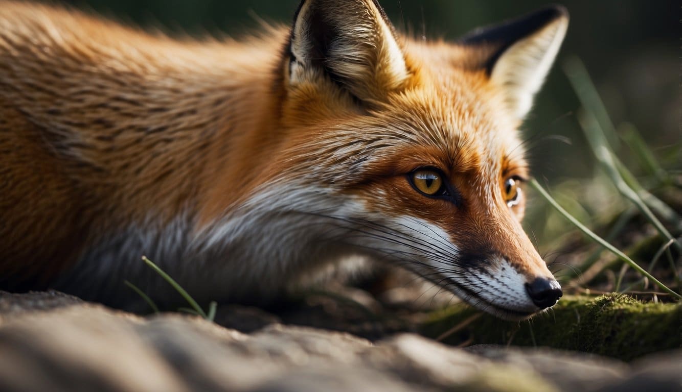 A fox crouches low, eyes fixed on a slithering snake, ready to pounce