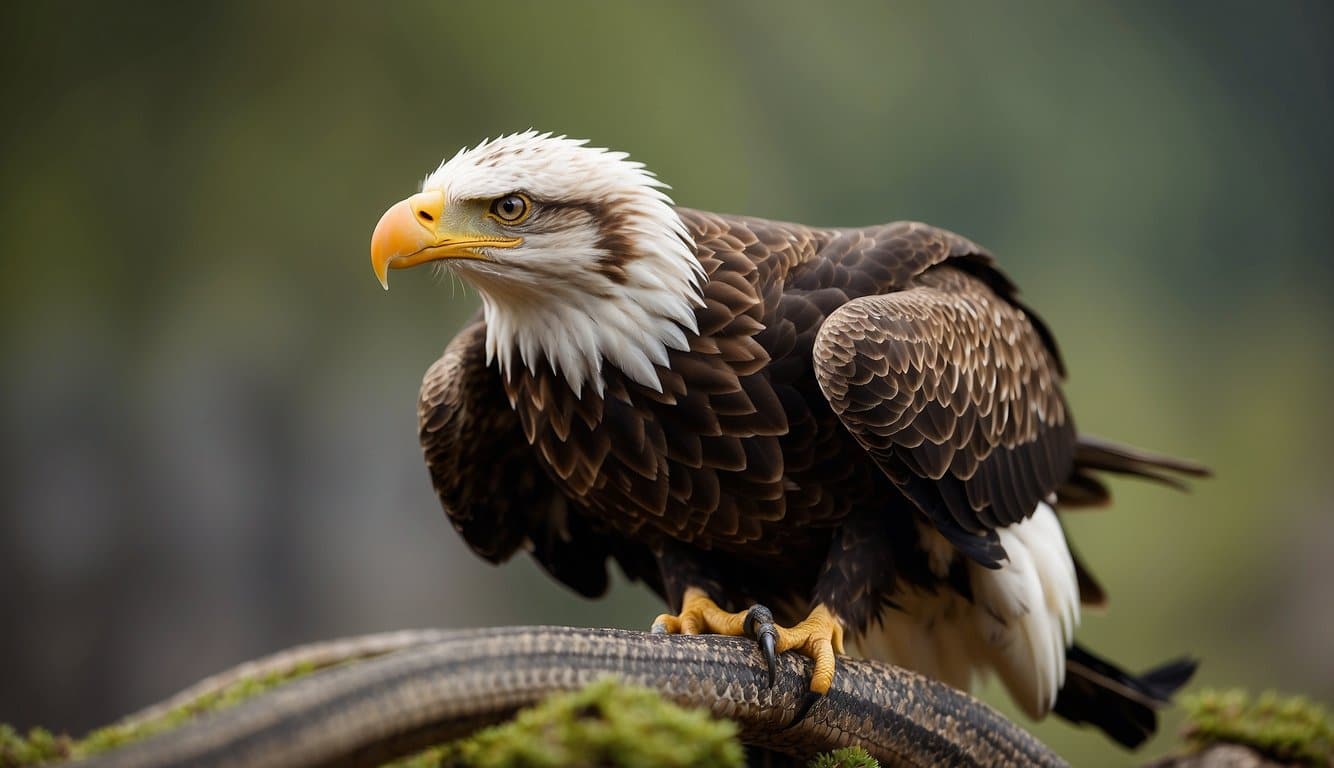 An eagle swoops down on a coiled snake, talons poised to strike
