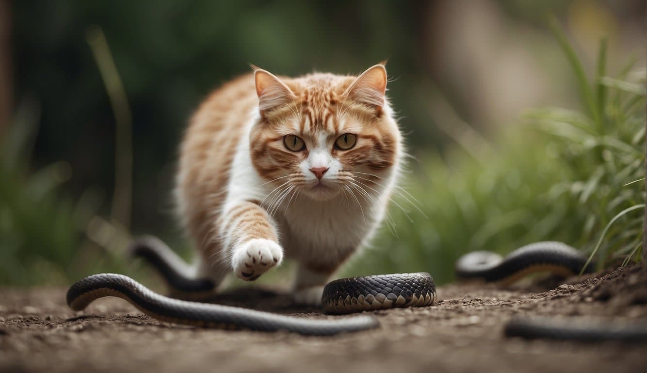A cat pounces on a snake, claws outstretched, as the snake hisses and coils, ready to strike