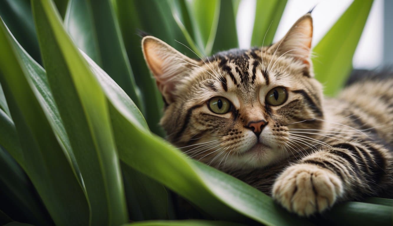 A cat lies near a knocked over snake plant with symptoms of poisoning