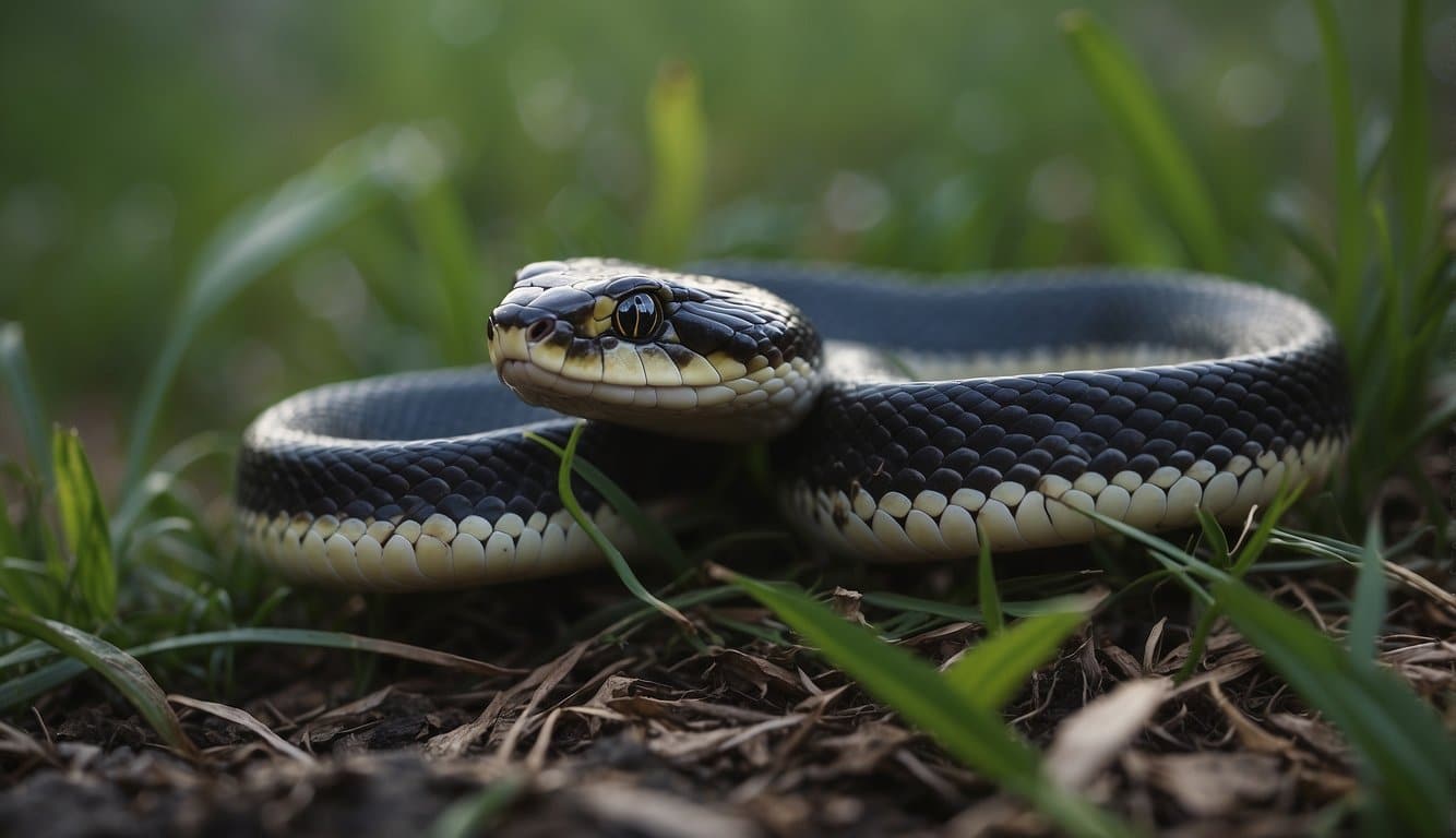 Snakes slithering out of hiding at dusk, hunting for prey in the moonlit grass