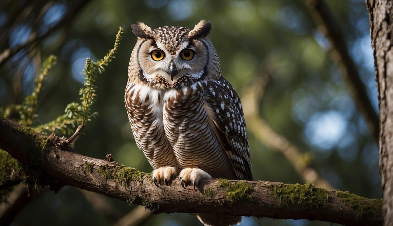 An owl perches on a tree branch, its sharp eyes fixed on a slithering snake below. The owl swoops down, capturing the snake in its talons
