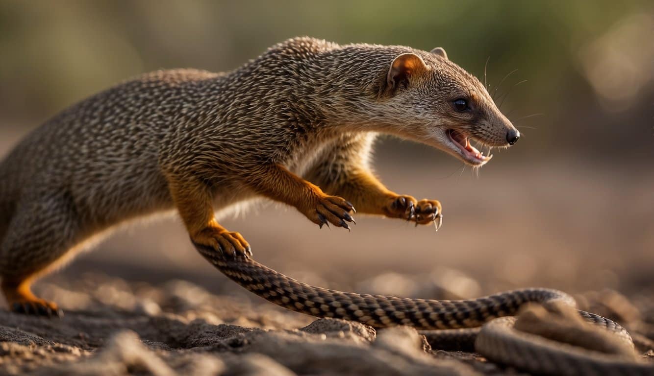 A mongoose pounces on a slithering snake, jaws clamping down as the snake writhes in an attempt to escape