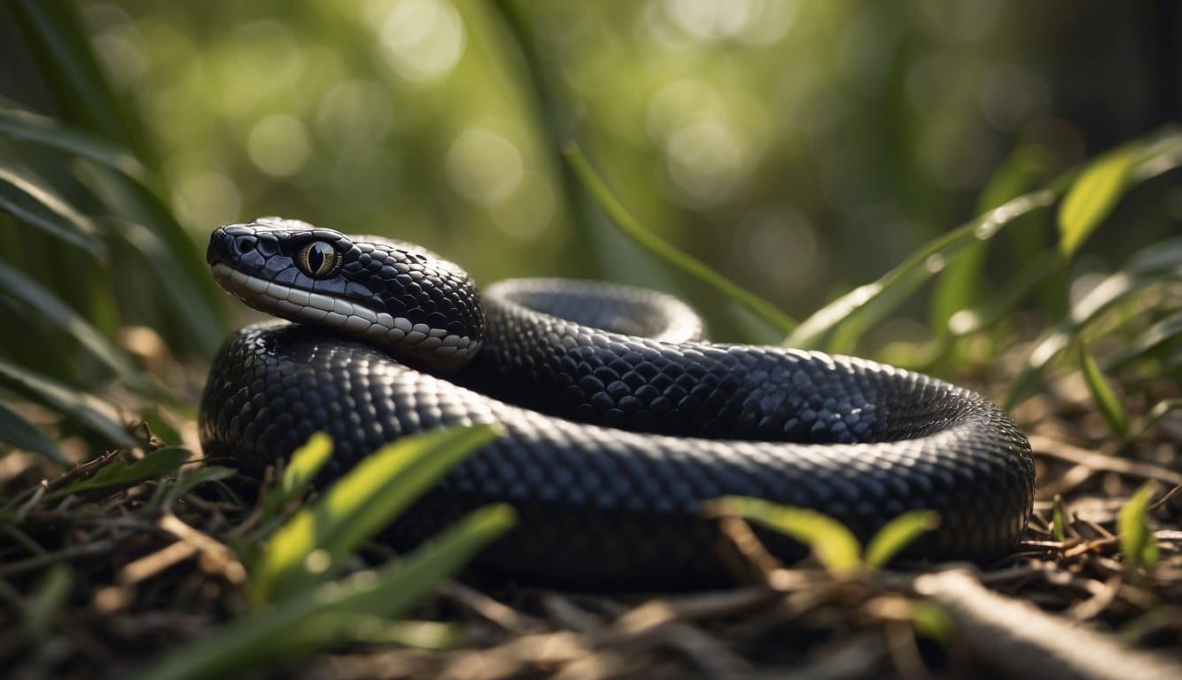 A venomous black snake slithers through the dense underbrush of a Florida swamp, its sleek black scales glistening in the sunlight