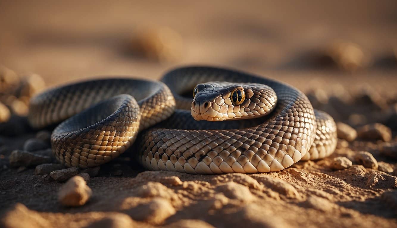 A snake coiled in a dry desert landscape, surrounded by small prey animals. Its body is lean, indicating a prolonged period of fasting