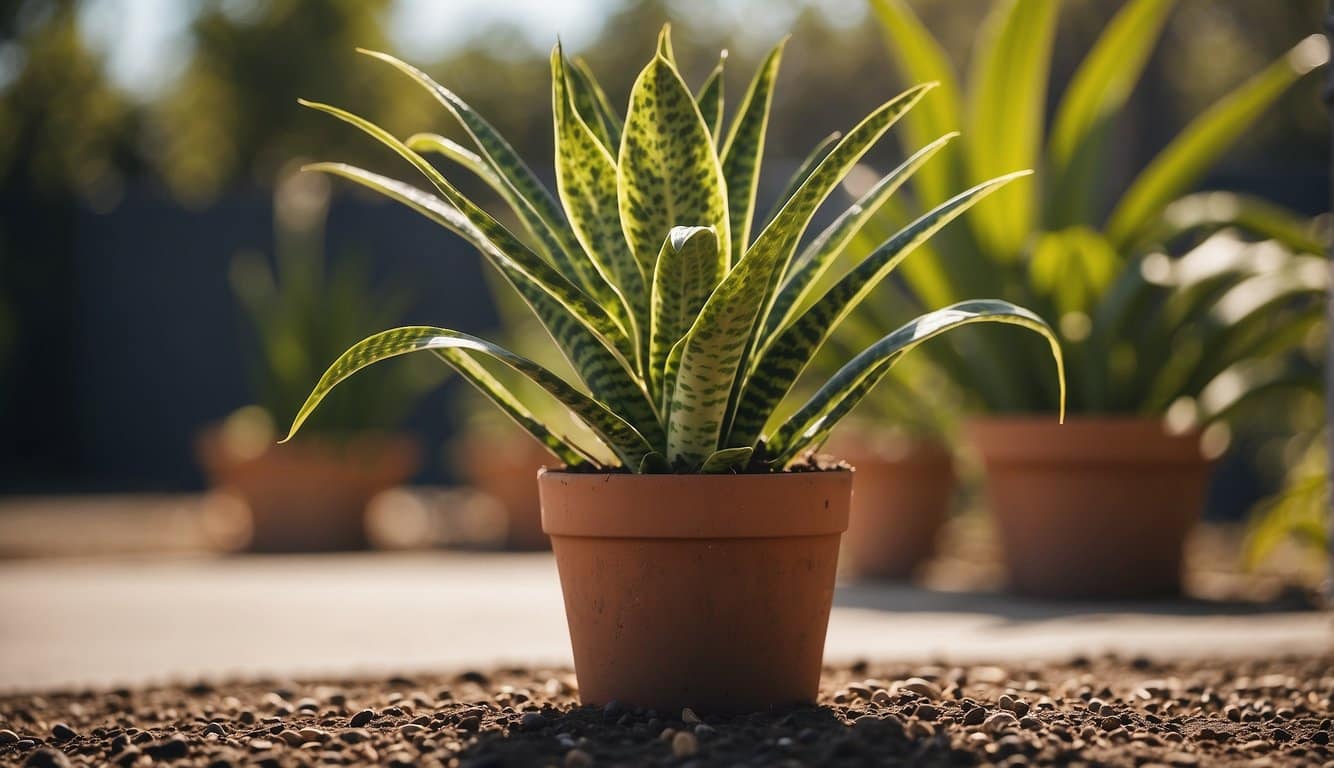 A snake plant thrives in a sunny outdoor setting, with well-draining soil and occasional watering