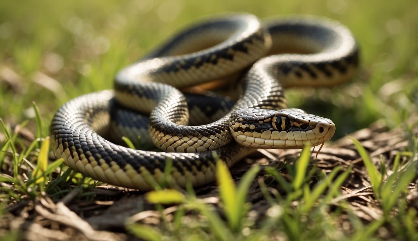 Garter snakes slithering, flicking tongues, and hunting for prey in a grassy, sunlit meadow