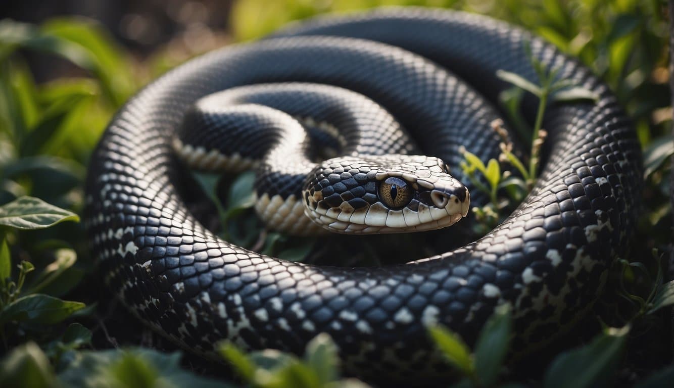 A snake slithers through a garden, its sinuous form coiled around a tree. Biblical symbols of temptation and evil are evoked