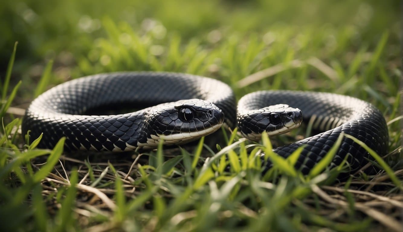 A black snake slithers in the grass, its distinctive markings indicating its poisonous nature