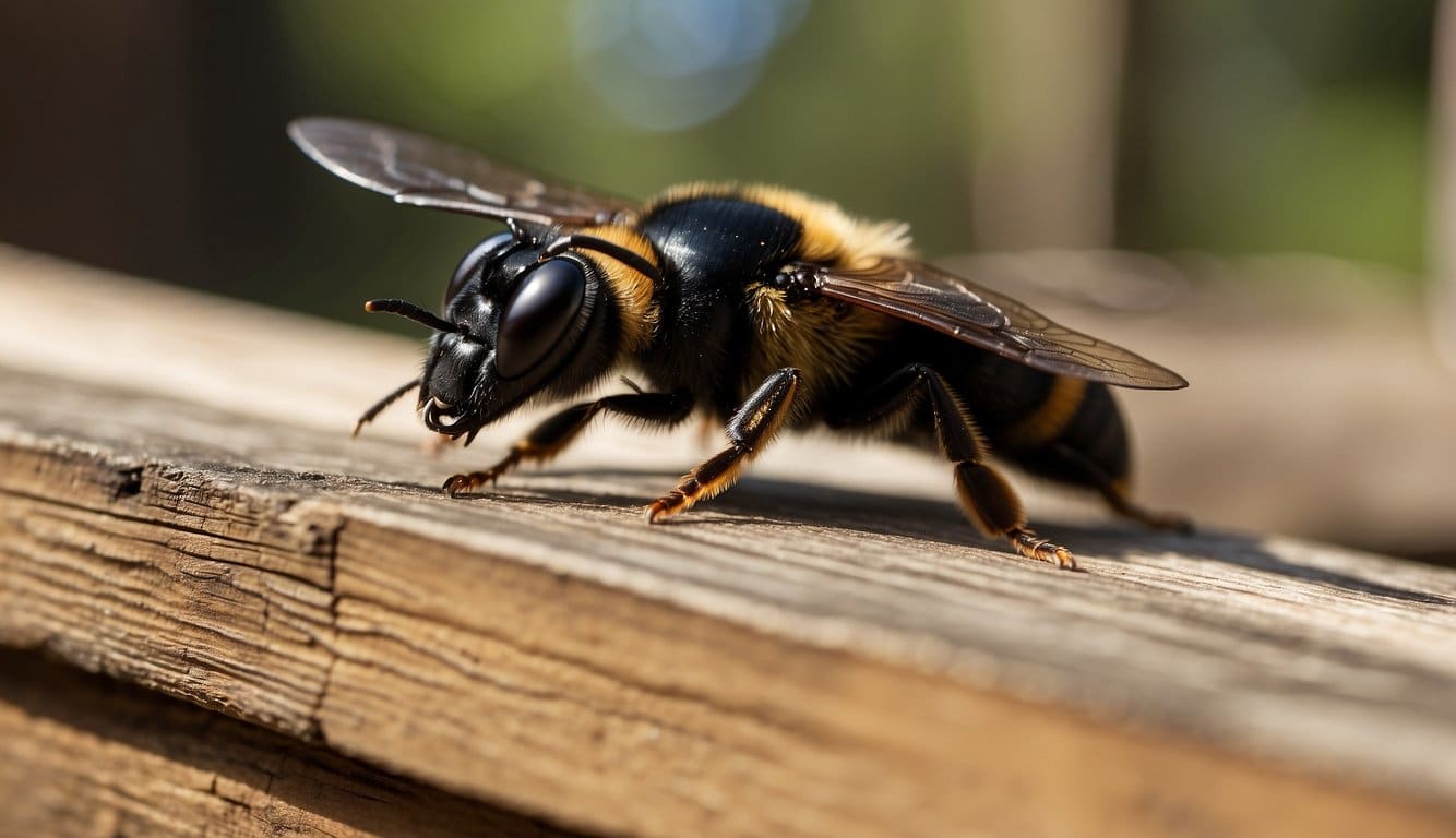 Carpenter bees buzzing around untreated wooden structures, while a pest control professional applies sealant and traps to deter them