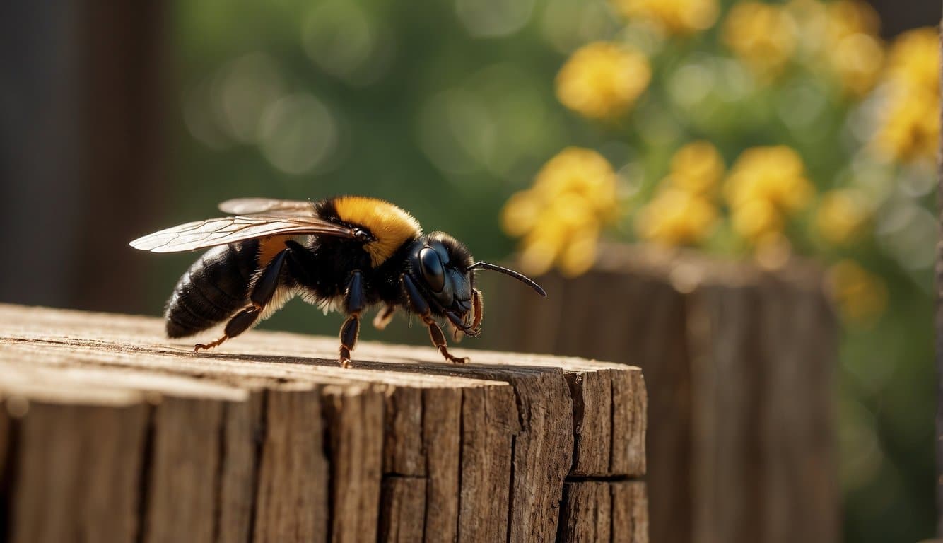 Carpenter bees flying away from a wooden structure with deterrents in place