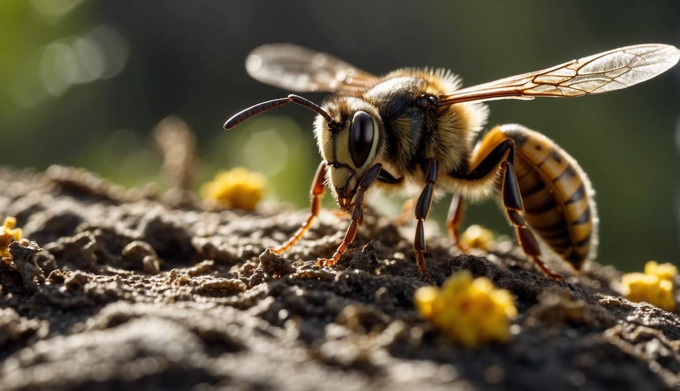 The aftermath of a hornet attack, with damaged structures and a person using a spray to get rid of hornets