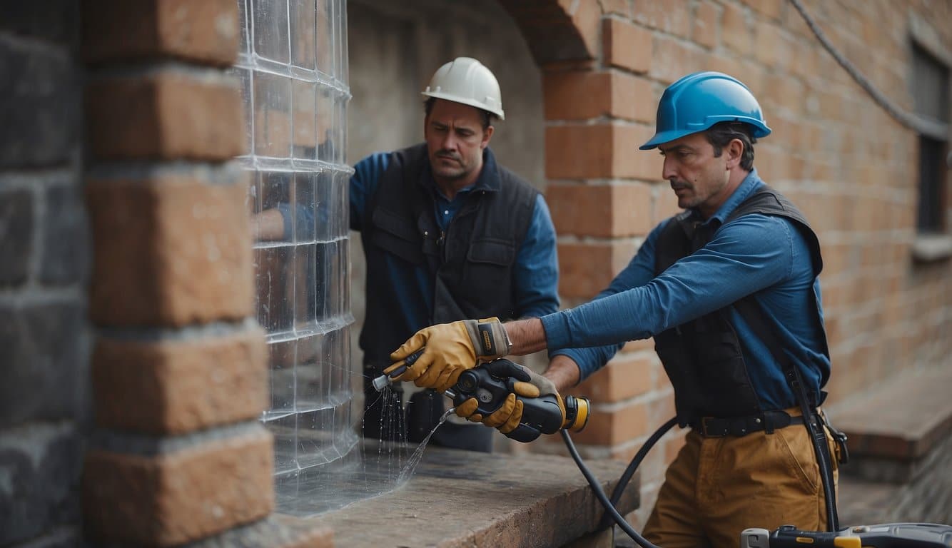 Castle walls being reinforced with sealant to block centipede entry. Focused workers applying protective barriers to windows and doors