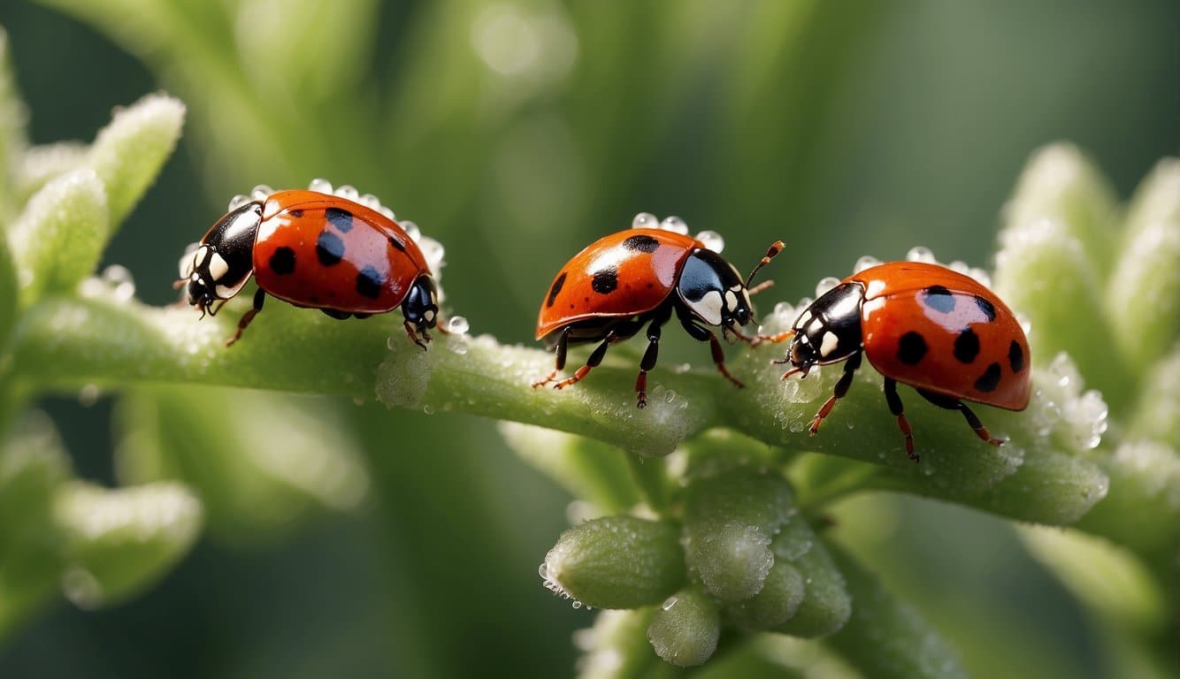 Ladybugs consuming mealybugs on a plant stem