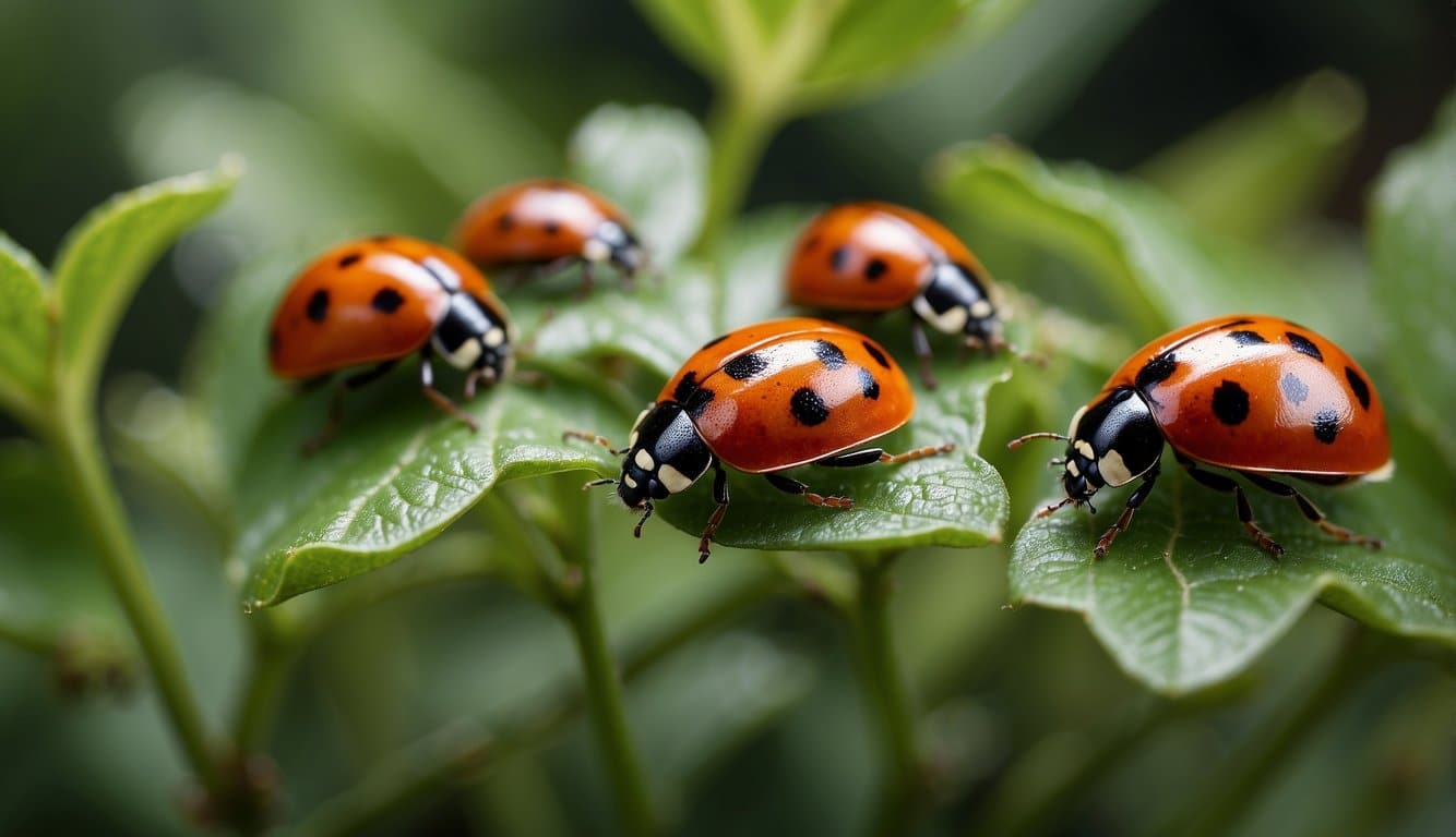 Ladybugs swarm over plants, clustered on leaves and stems. Pesticide spray and vacuum remove infestation
