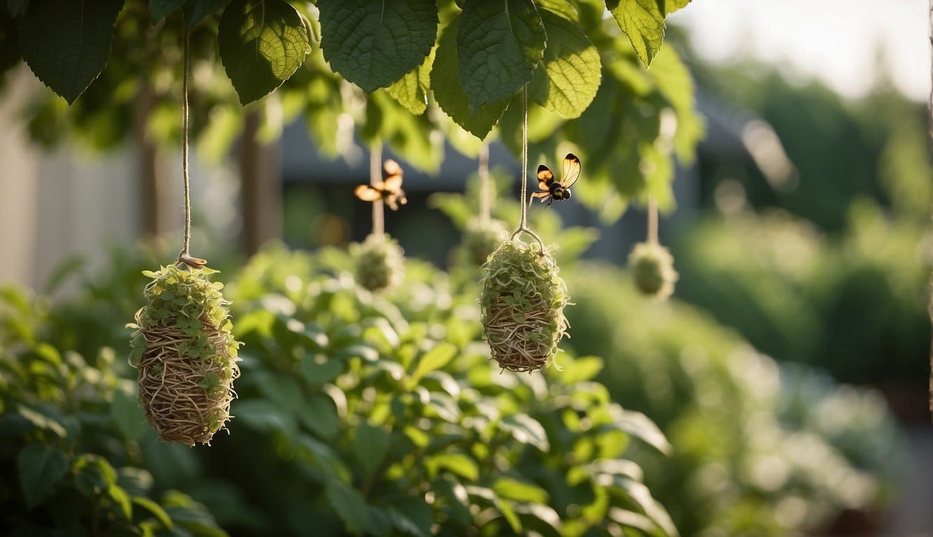 A garden with hanging fake wasp nests, citronella candles, and mint plants to deter wasps