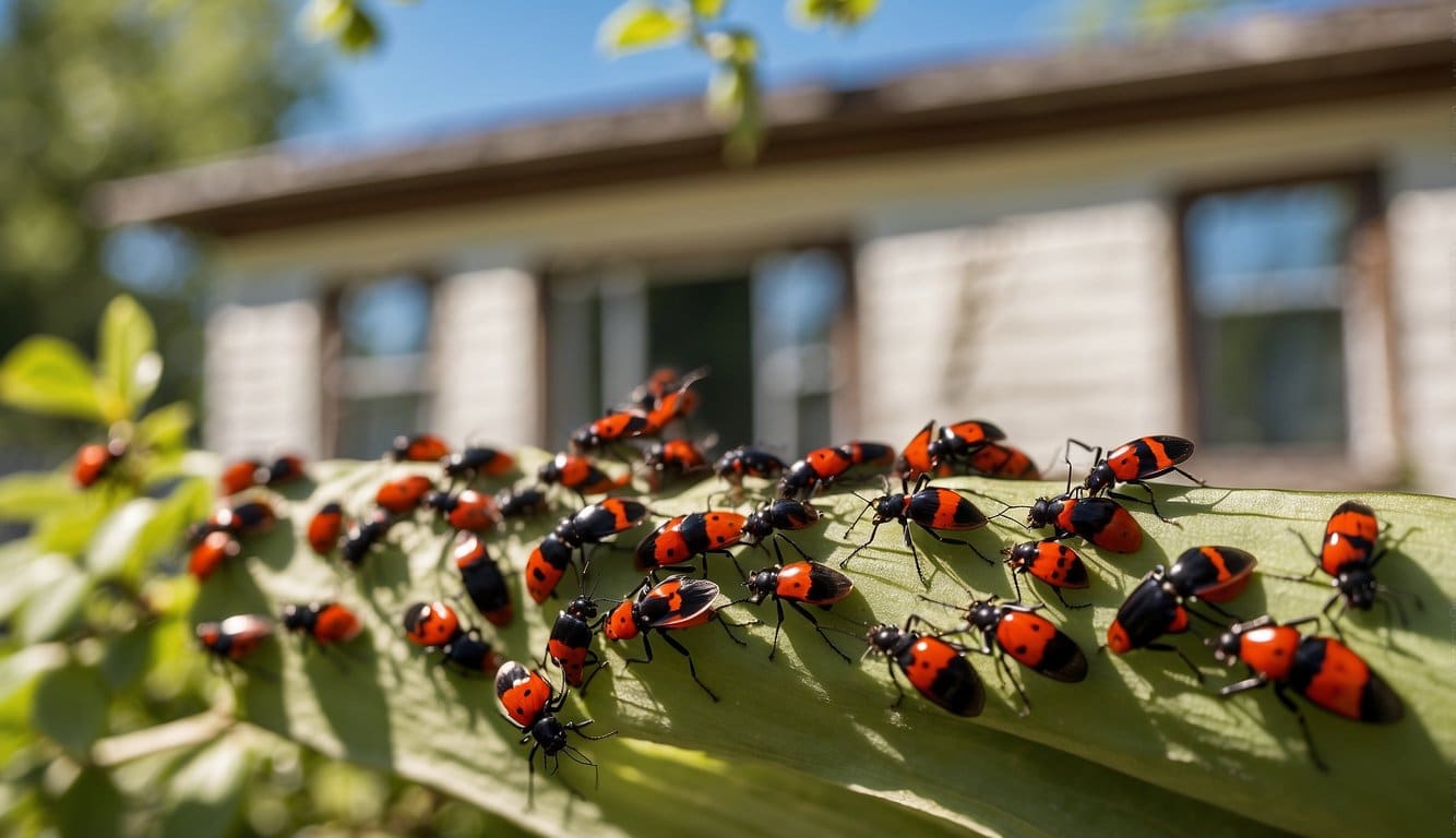 A group of boxelder bugs congregating on the sunny side of a house, with visible red and black markings