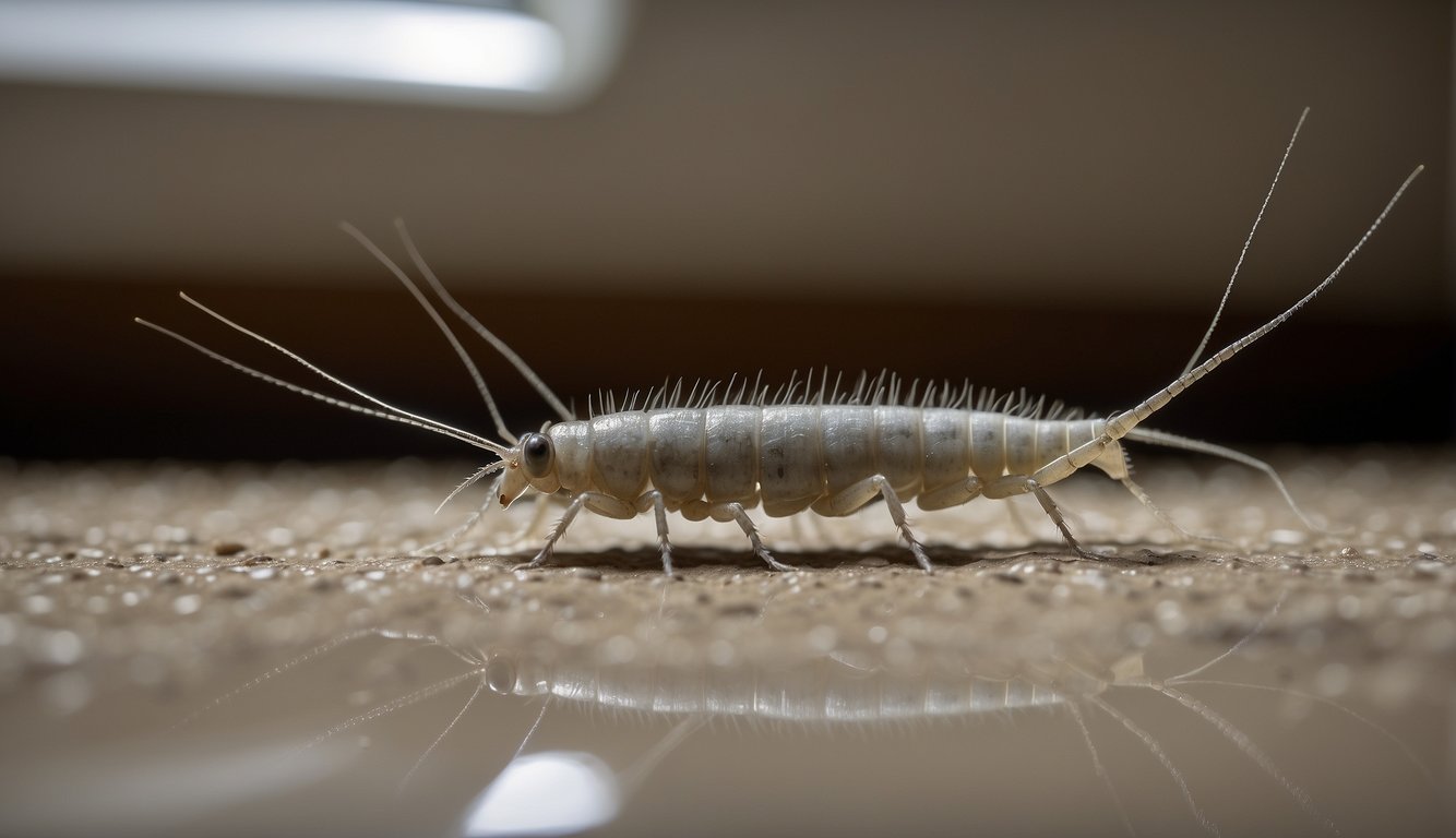Silverfish crawling out of cracks in walls, under sinks, and in dark, damp areas. Boric acid sprinkled in corners, diatomaceous earth spread along baseboards, and sticky traps placed in infested areas