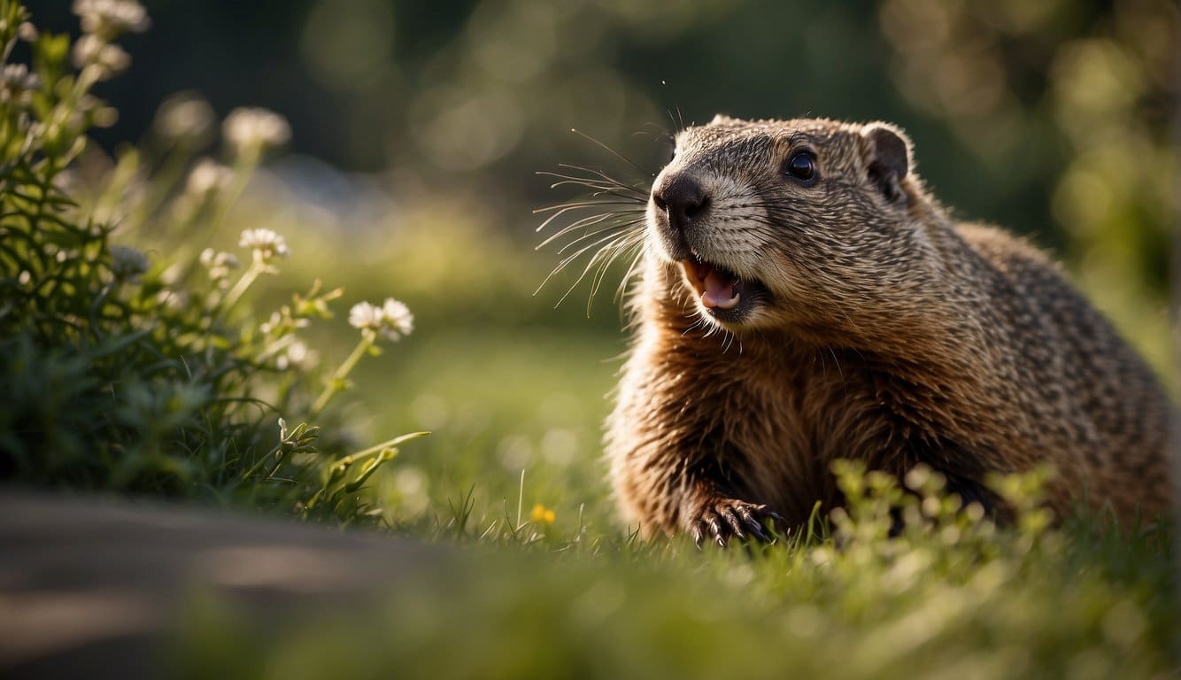Groundhog fleeing from repellents and deterrents like fences, traps, and natural predators in a garden or yard setting