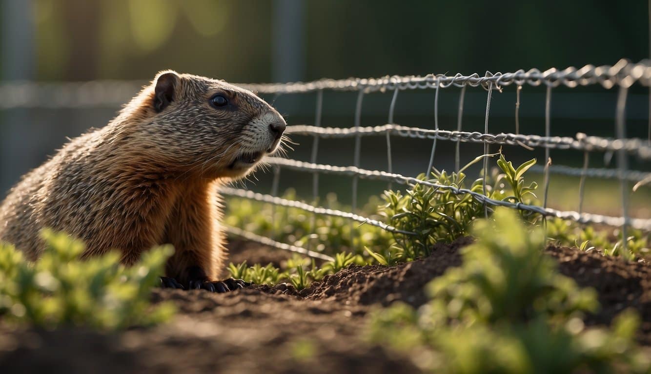 Groundhog burrows blocked with wire mesh. Fencing surrounds garden. Repellent sprayed on plants. Trash cans secured. No food or water sources left out