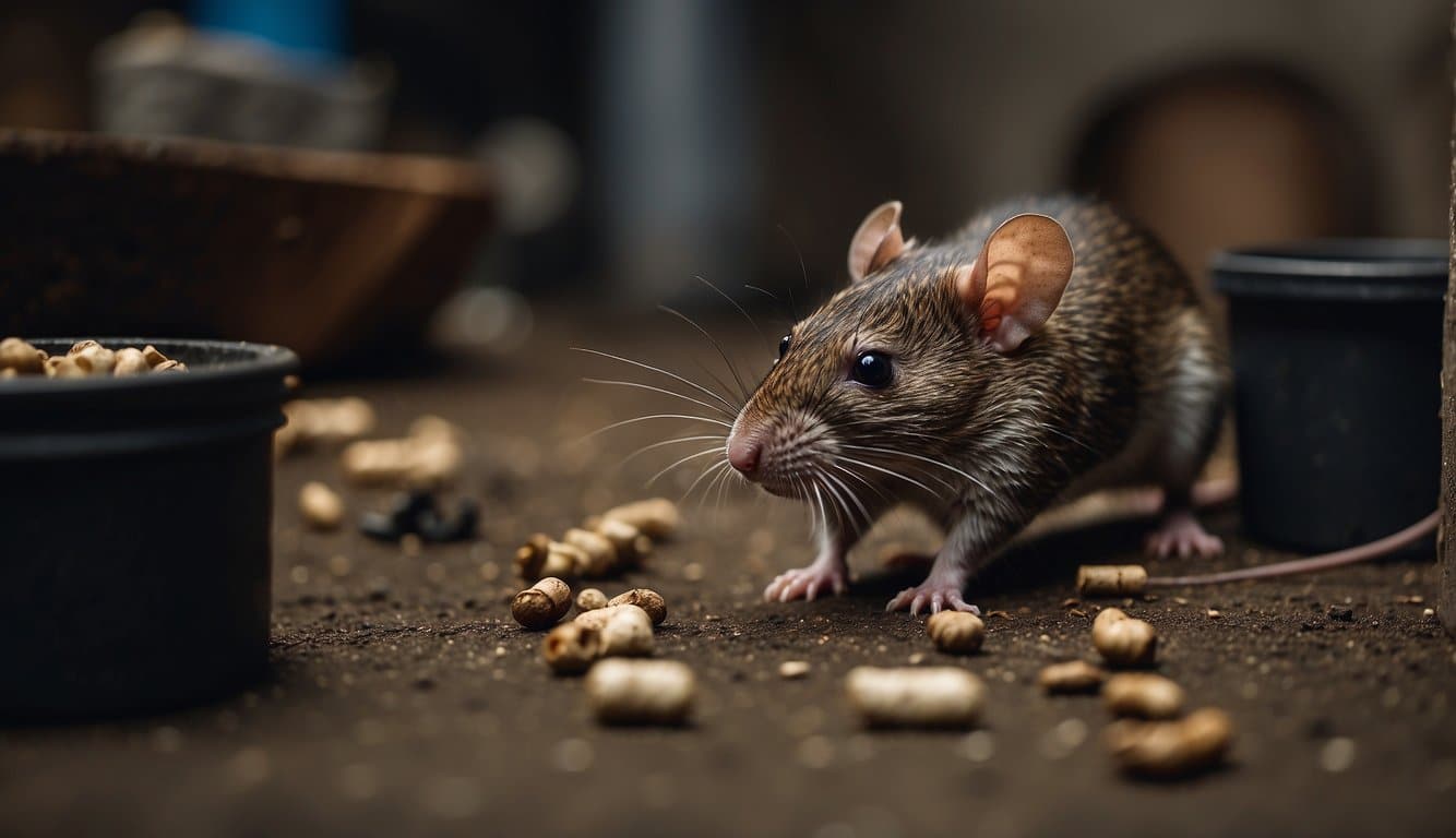 Rat traps placed strategically around a cluttered basement, with bait and poison scattered nearby