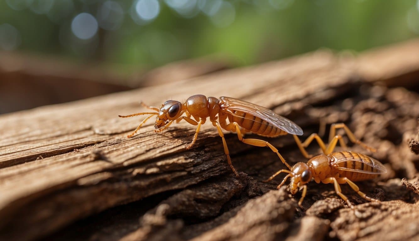 Termites crawling inside wooden structure, while a monitoring device detects their presence