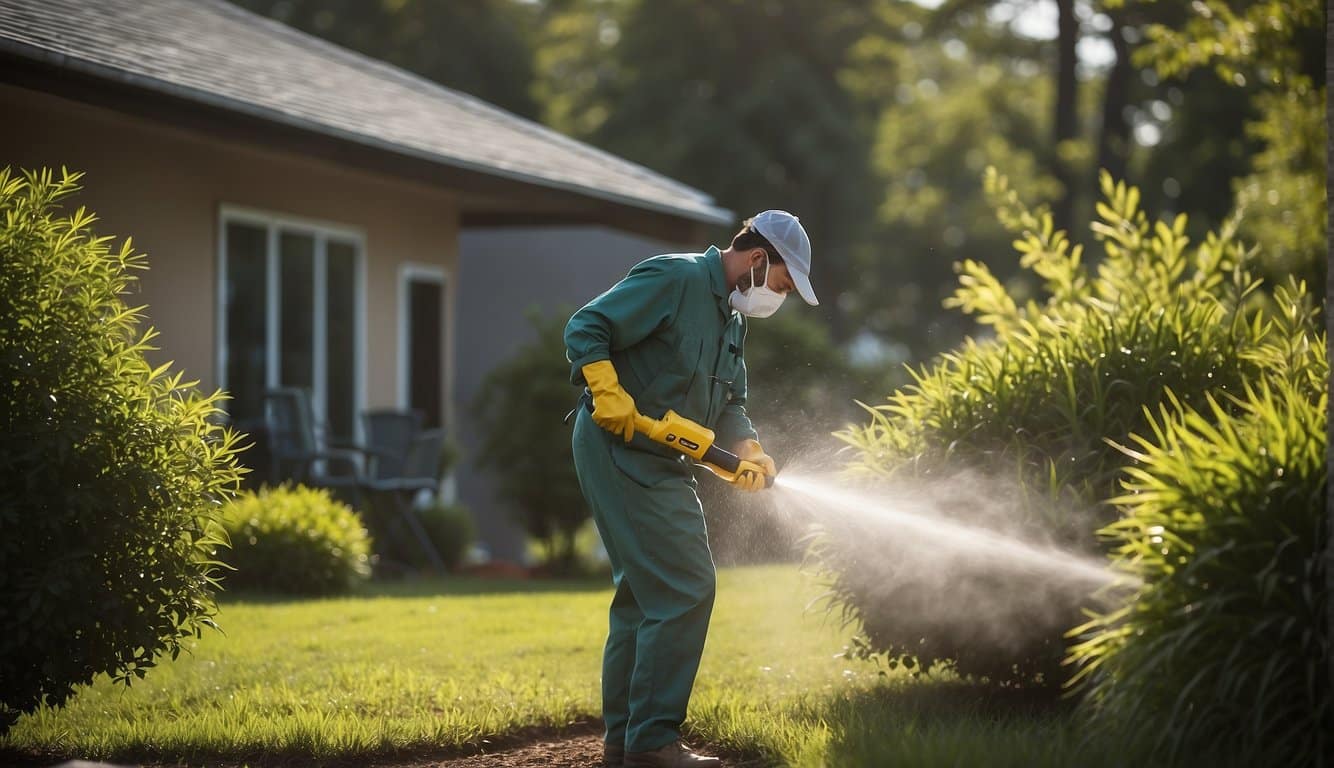 A professional pest control technician spraying a yard to get rid of mosquitoes