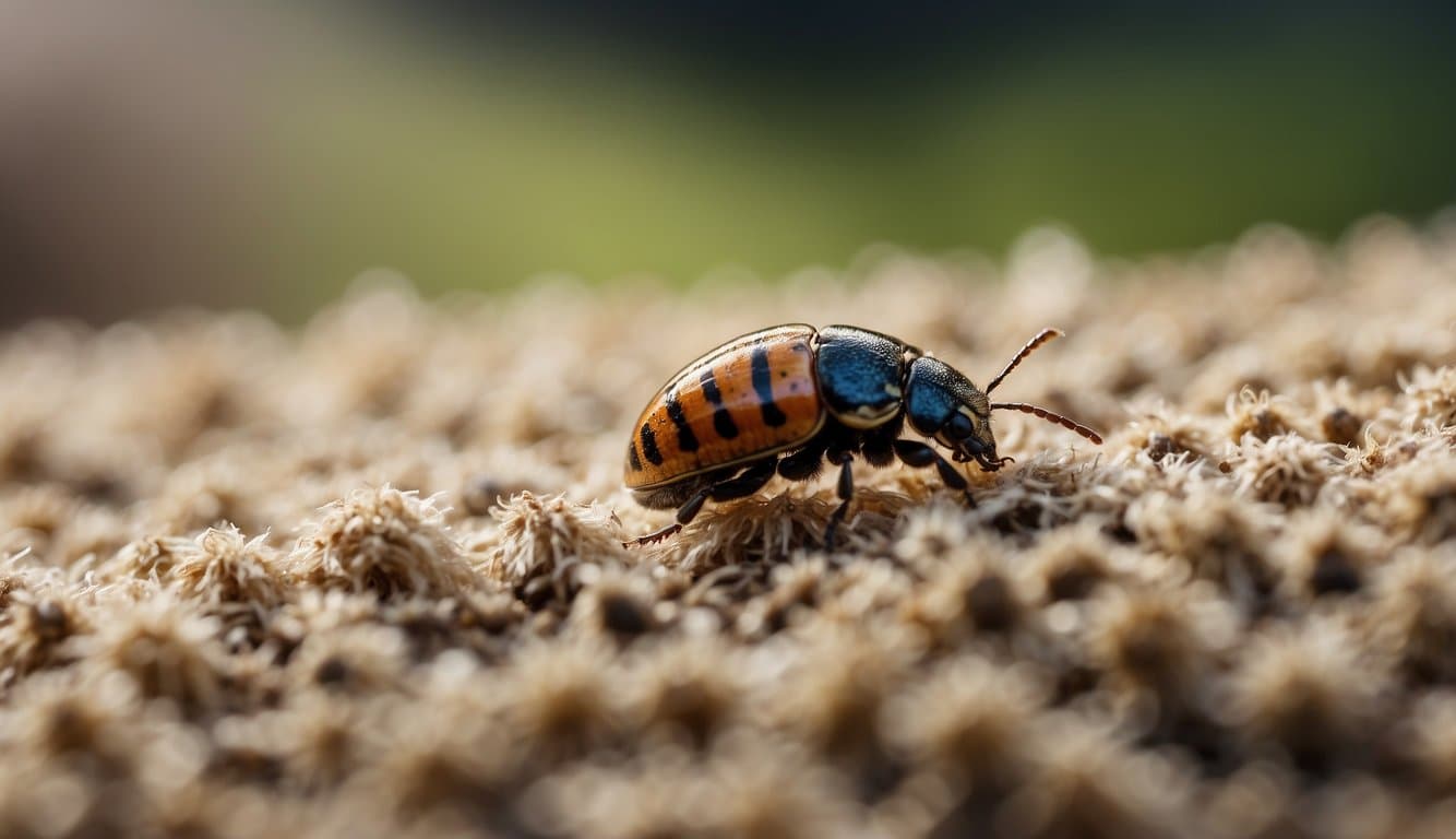 A bottle of chemical solution sprays onto carpet beetles, killing them