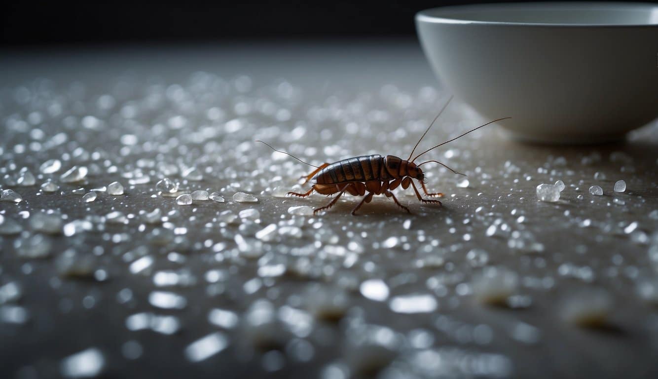 Roaches scatter as a line of diatomaceous earth is laid along the baseboards, and a bowl of soapy water awaits them in the dark